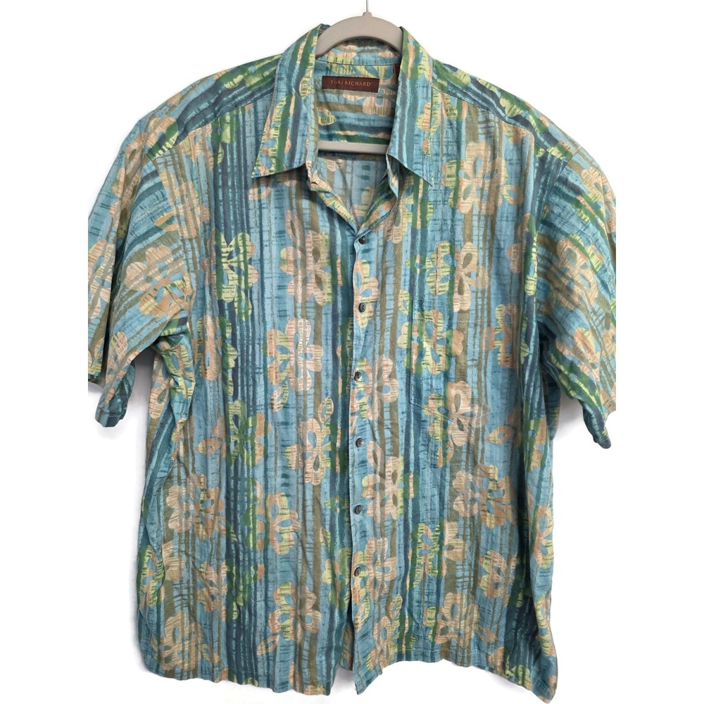 Tori Richard Mens 2XL Blue Green Floral Cotton Lawn Short Sleeve Hawaiian Shirt
